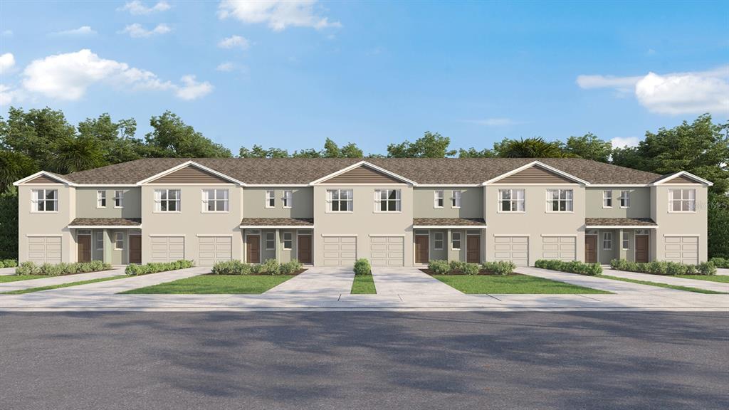 This is a digital rendering of a multi-unit townhouse building with beige siding and garages — 17600 SPANISH OAK LOOP, LAND O LAKES, FL