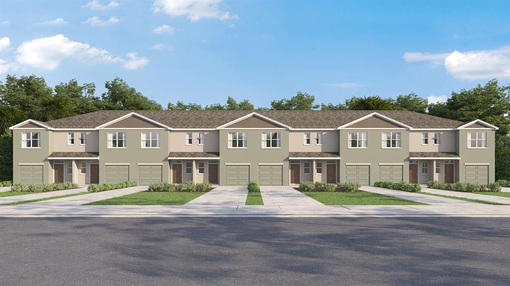 This is a digital rendering of a multi-unit townhouse building with garages and green lawns — 17600 SPANISH OAK LOOP, LAND O LAKES, FL