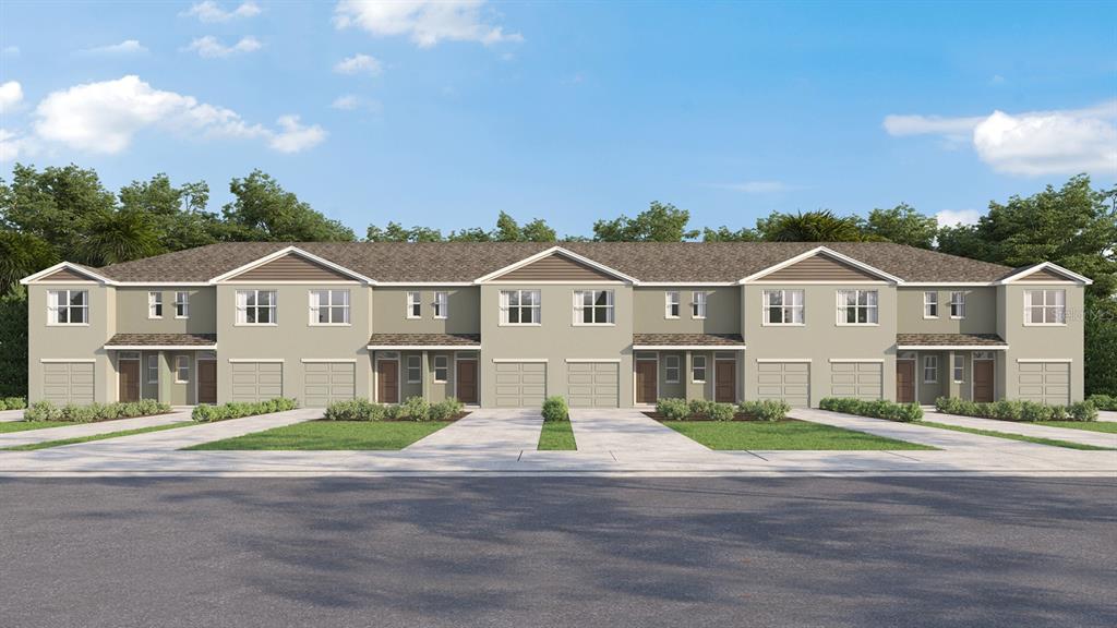 This is a digital rendering of a multi-unit townhouse building with beige stucco siding — 17600 SPANISH OAK LOOP, LAND O LAKES, FL