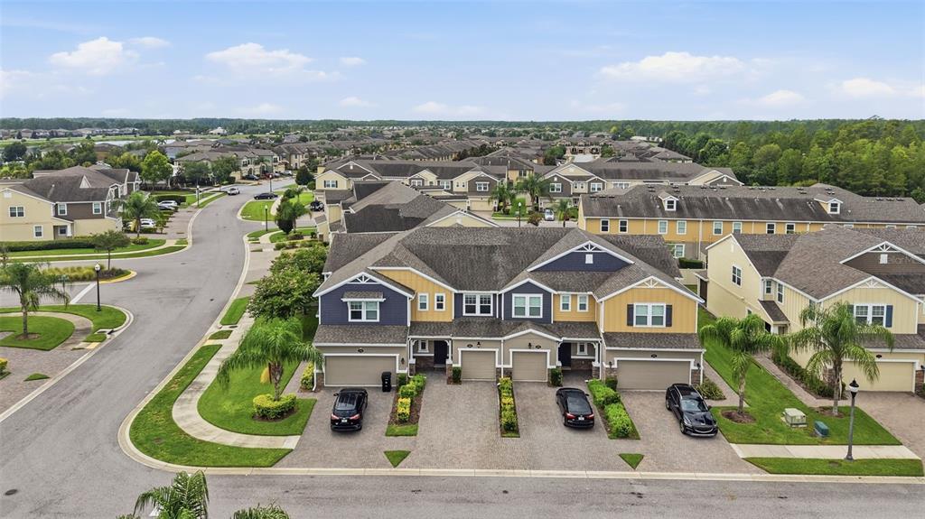 An aerial view of a multi-unit townhouse complex with attached garages and paved driveways — 18924 ULMUS STREET, LUTZ, FL