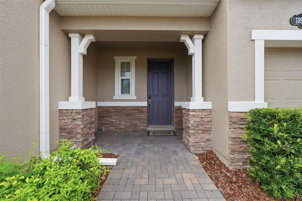 A covered front entryway features a purple door, stone-base columns, and a paver walkway — 18924 ULMUS STREET, LUTZ, FL