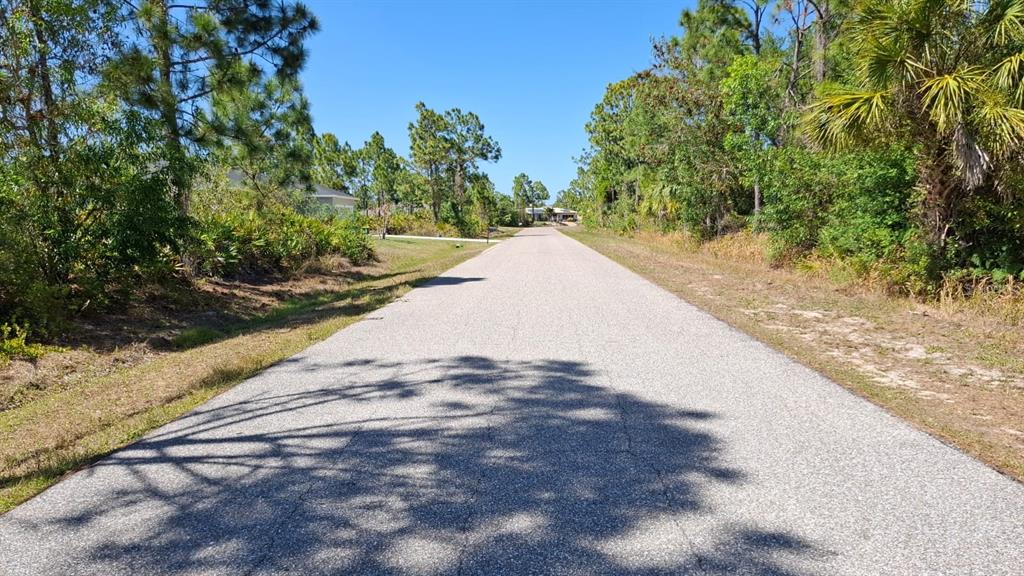 A paved road stretches through a wooded residential area under a clear blue sky — 5541 GULFPORT TERRACE, PORT CHARLOTTE, FL