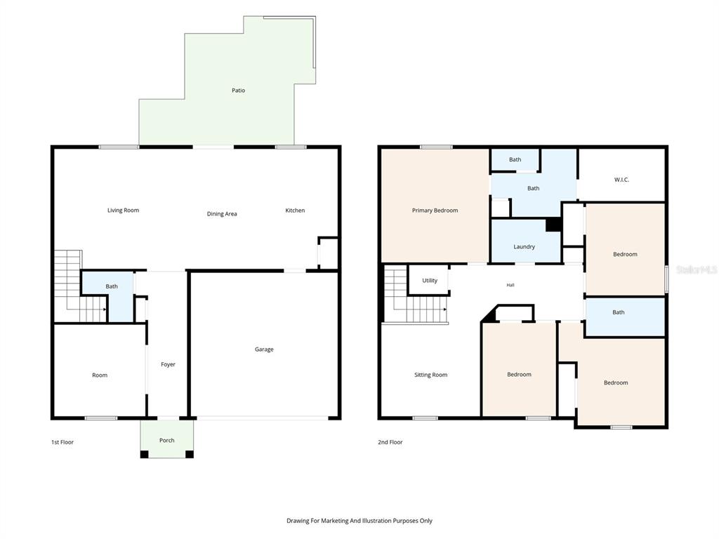 This is a floor plan showing the layout of a two-story house with a garage — 10109 CRESTED FRINGE DRIVE, RIVERVIEW, FL