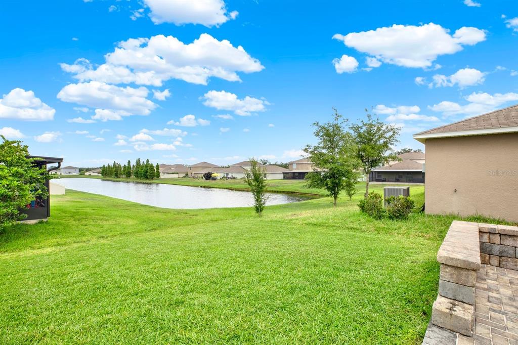 A grassy backyard overlooks a pond with neighboring houses in the distance under a blue sky — 10109 CRESTED FRINGE DRIVE, RIVERVIEW, FL