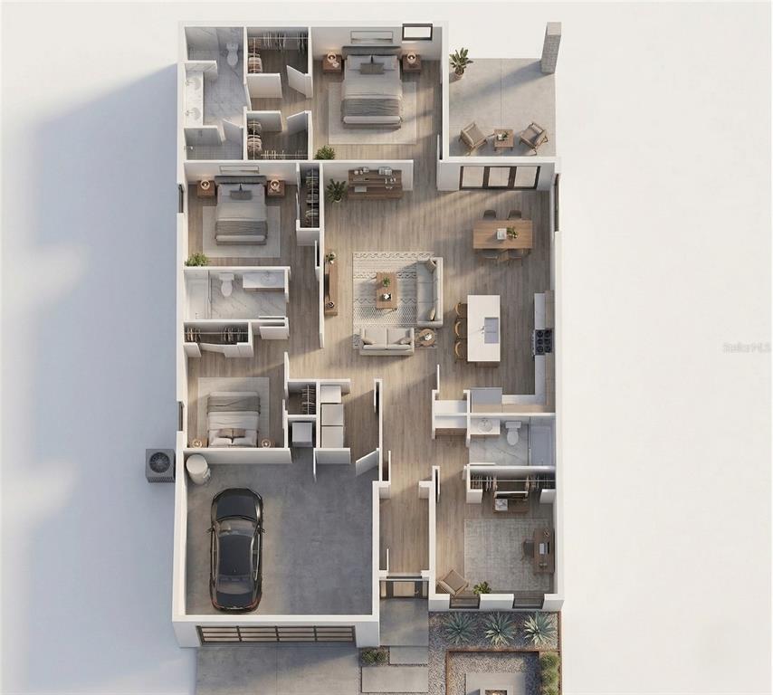 This is a 3D floor plan rendering of a single-story home with three bedrooms and garage — 980 TAHITI AVENUE SE, PALM BAY, FL