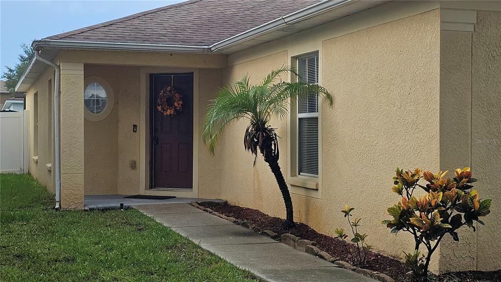 A beige stucco house features a front entrance, a small palm tree, and a walkway — 12629 EVINGTON POINT DRIVE, RIVERVIEW, FL