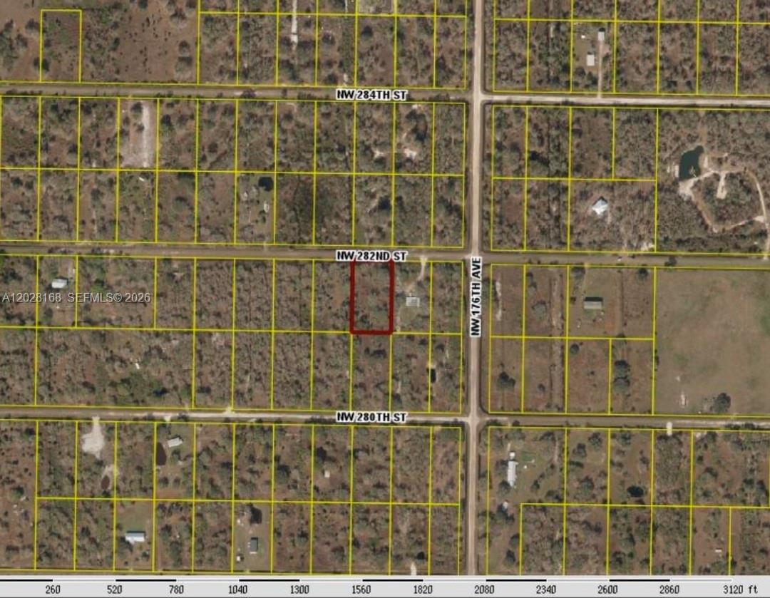 An aerial map view shows a rectangular plot of land highlighted in red — 17718 NW 282nd St, Okeechobee FL 34972, OKEECHOBEE, FL