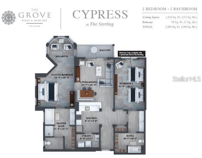 This floor plan shows a two-bedroom, two-bathroom apartment layout with a balcony and solarium — 14501 GROVE RESORT AVENUE UNIT 2635, WINTER GARDEN, FL