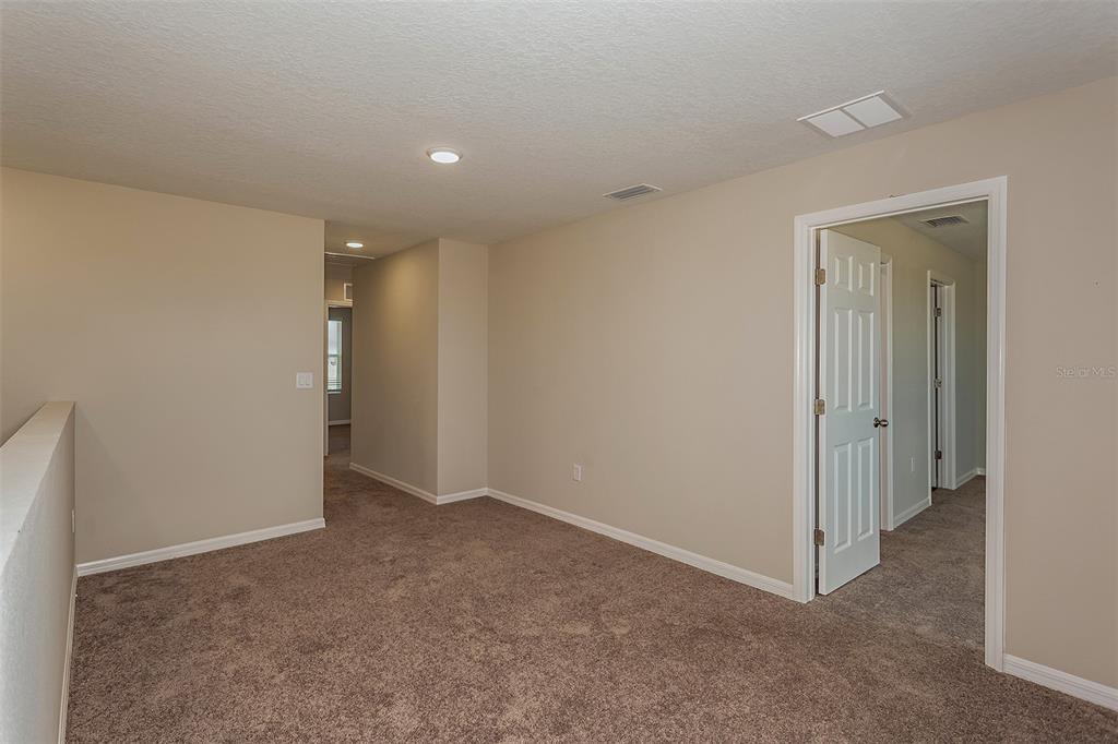 A carpeted landing area features beige walls, recessed lighting, and an open doorway — 15208 MAUDE LANDING LOOP, WIMAUMA, FL