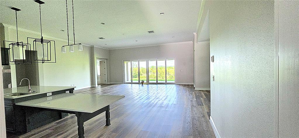 An open-concept living area features wood flooring, a kitchen island, and large glass sliding doors — 35436 BIG HAWK DRIVE, ZEPHYRHILLS, FL