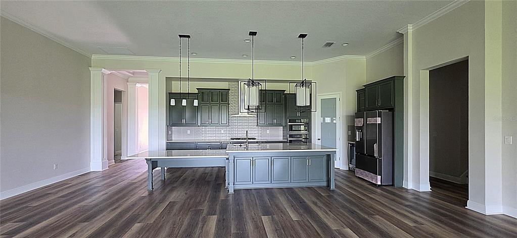 A kitchen with dark gray cabinets, a large island, and wood-look flooring — 35436 BIG HAWK DRIVE, ZEPHYRHILLS, FL