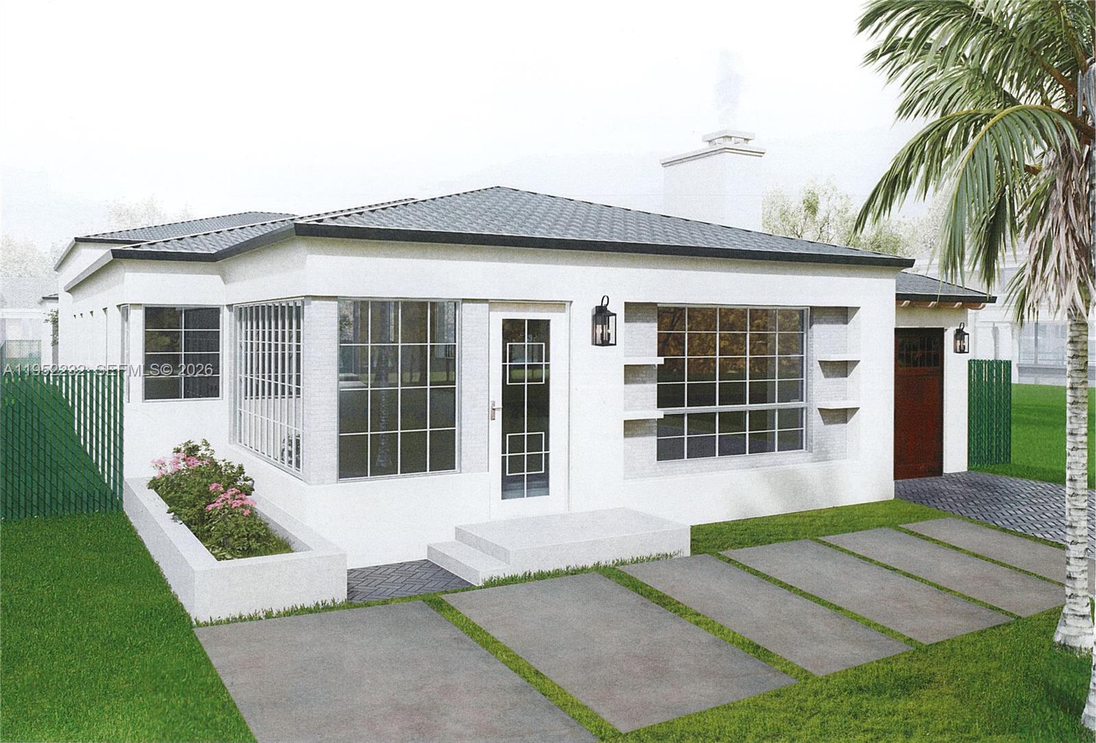 A digital rendering shows the exterior of a white, single-story house with a paved driveway — 5934 NE 4th Ct, Miami FL 33137, MIAMI, FL
