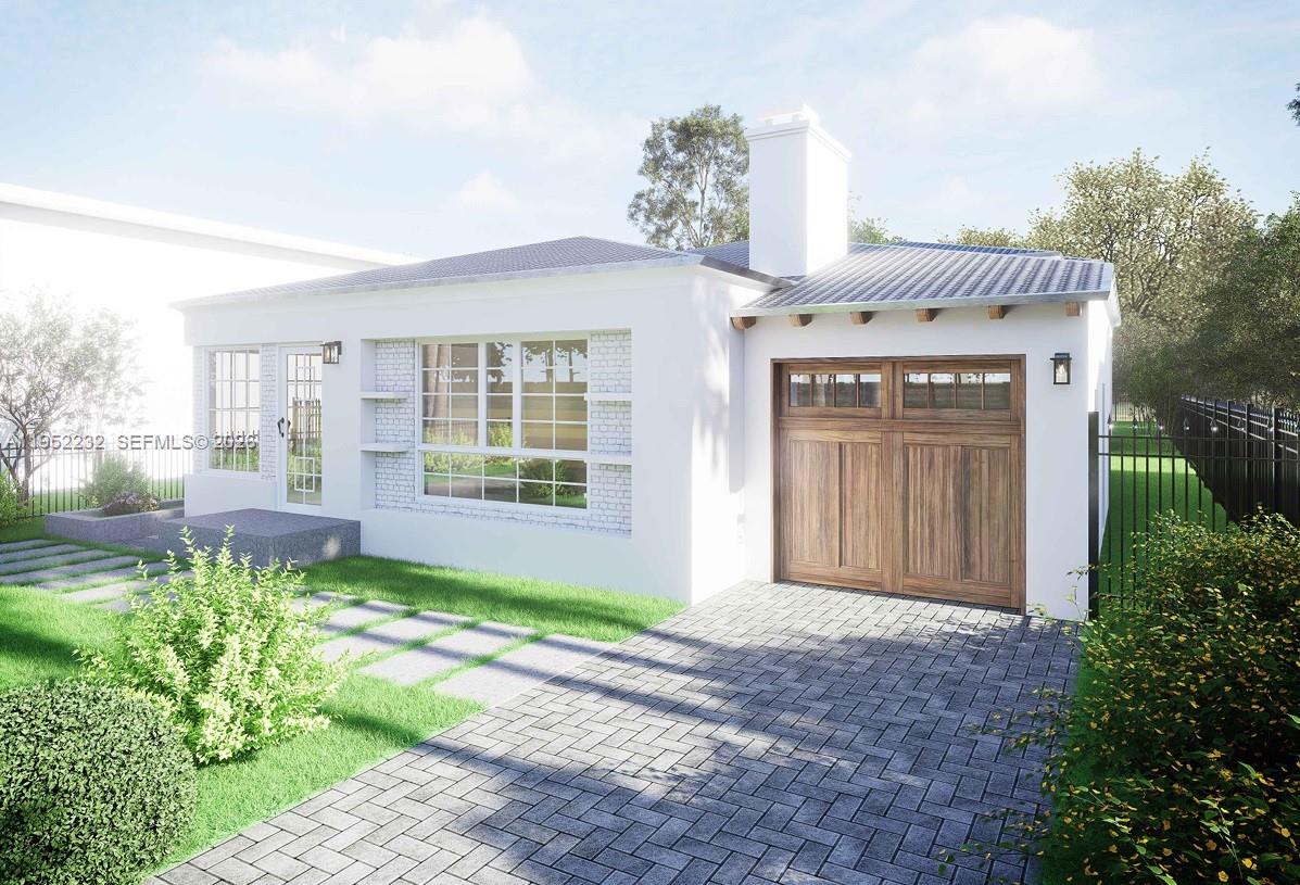 This is a rendering of a white single-story house with a wooden garage door — 5934 NE 4th Ct, Miami FL 33137, MIAMI, FL