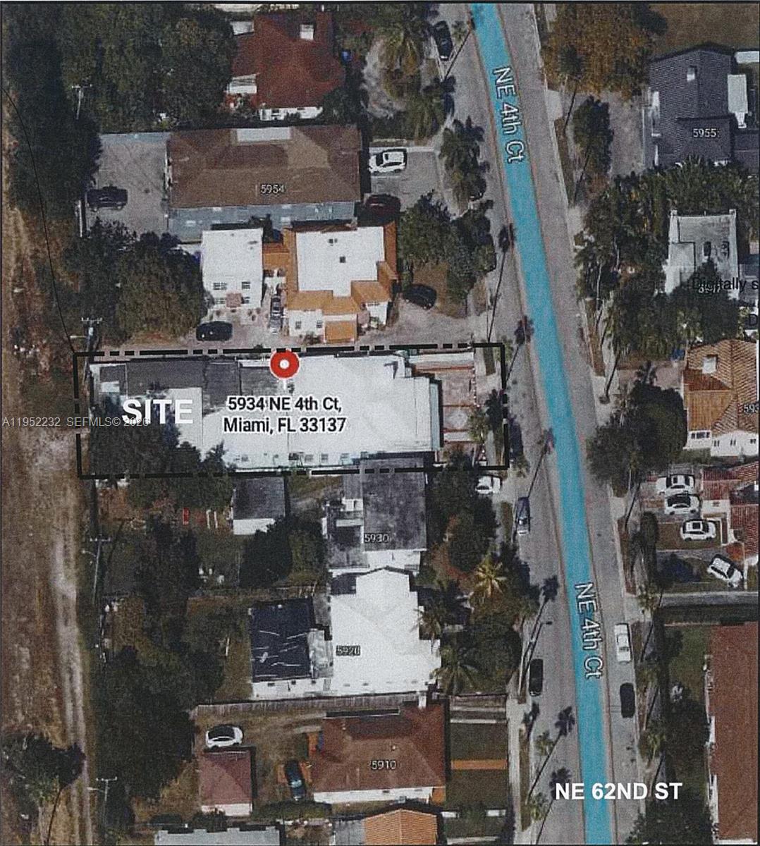 An aerial map view shows a property site outlined in black on a city street — 5934 NE 4th Ct, Miami FL 33137, MIAMI, FL
