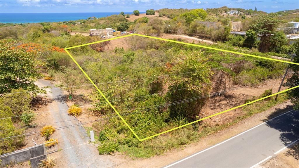 An aerial view shows a vacant, overgrown plot of land outlined in yellow near a road — 22 CALLE DE BATU, VIEQUES, PR
