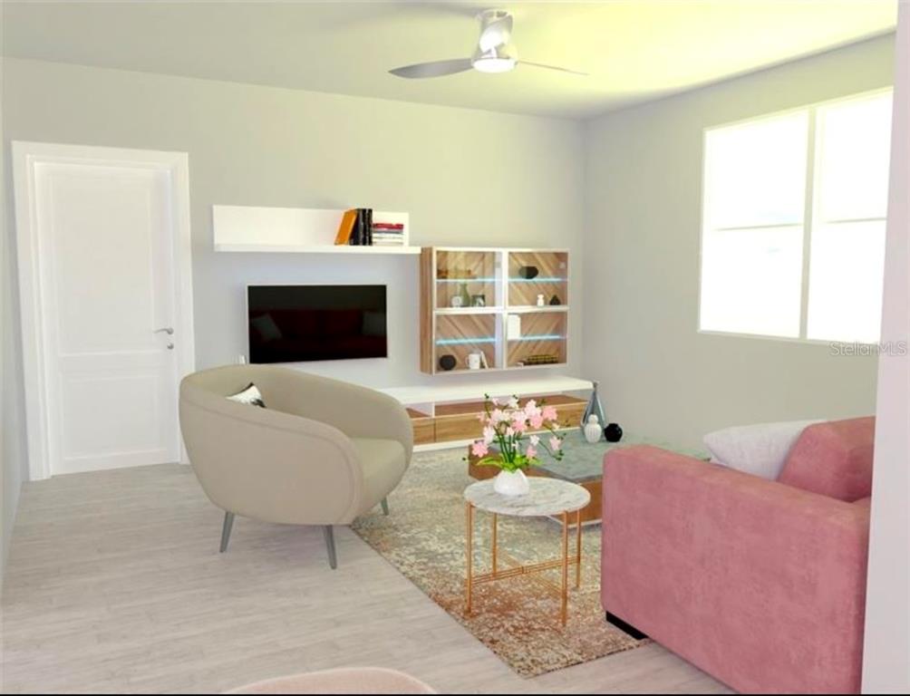This is a rendering of a modern kitchen with white cabinets, an island, and stools — 2951 W YORKSHIRE PLACE, CITRUS SPRINGS, FL
