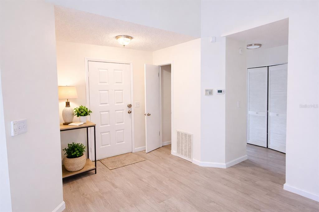 An entryway features light wood-look flooring, a white front door, and a small console table — 114 SPREADING OAK COURT, SANFORD, FL