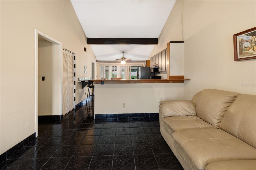 A living room with black tile floors, a beige sofa, and a kitchen breakfast bar — 8584 BRIAR GROVE CIRCLE, TAMPA, FL