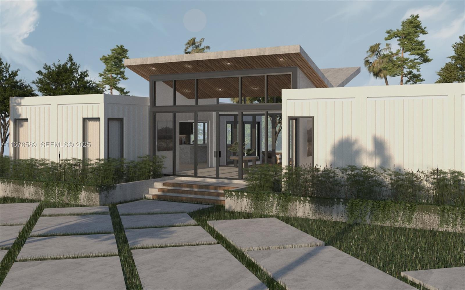 This architectural rendering shows a modern home exterior with white container-style walls and glass entry — 20321 SW 48th St, Southwest Ranches FL 33332, SOUTHWEST RANCHES, FL