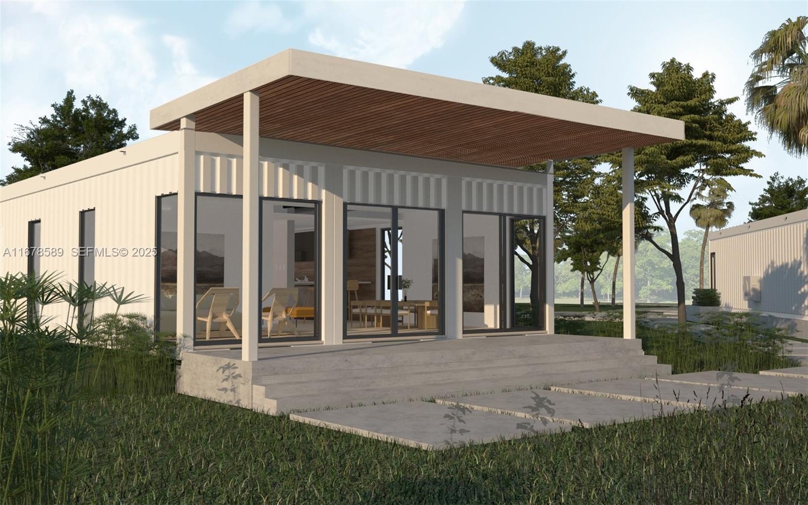 A rendering of a modern container home with a large covered patio and glass doors — 20321 SW 48th St, Southwest Ranches FL 33332, SOUTHWEST RANCHES, FL