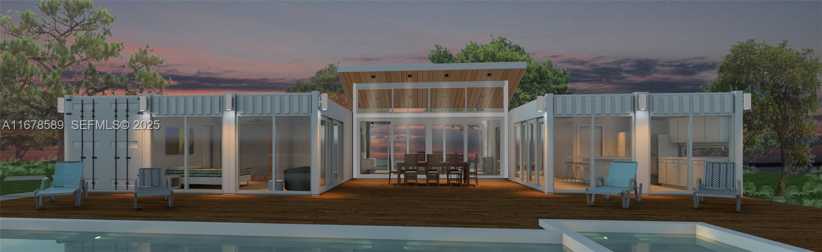 This architectural rendering shows a modern shipping container home with a central glass-walled living area — 20321 SW 48th St, Southwest Ranches FL 33332, SOUTHWEST RANCHES, FL