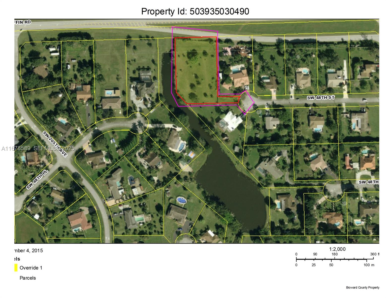 This aerial map shows a highlighted parcel of land located near a residential street and pond — 20321 SW 48th St, Southwest Ranches FL 33332, SOUTHWEST RANCHES, FL