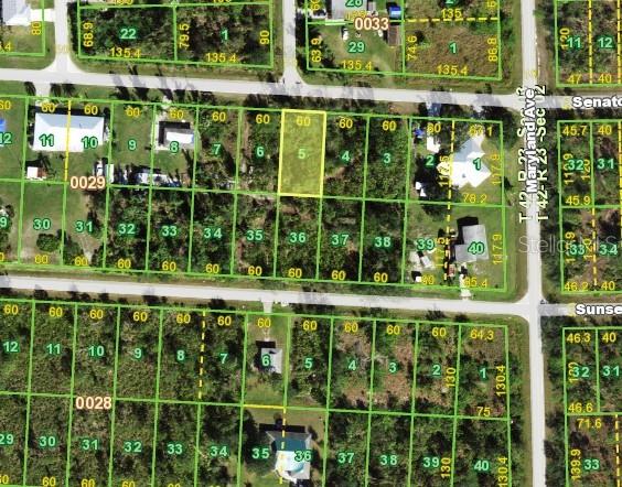 This is an aerial map showing a highlighted rectangular land parcel among surrounding residential lots — 27487 SENATOR DRIVE, PUNTA GORDA, FL