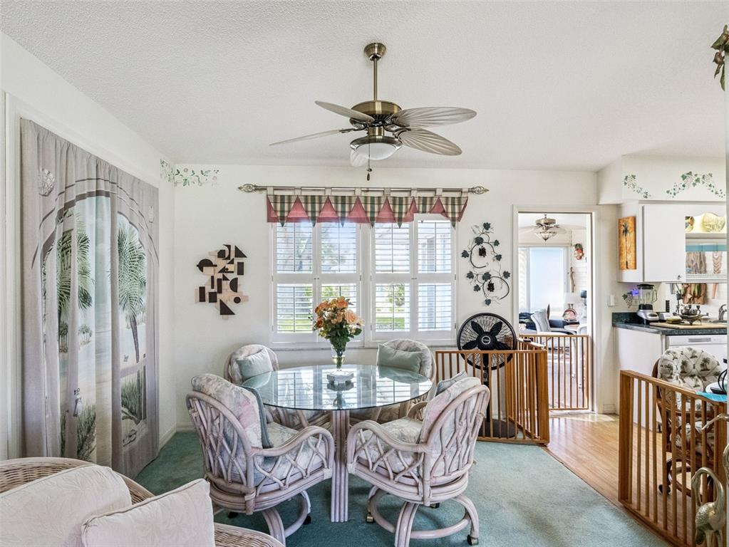 A dining area features a glass table, wicker chairs, a ceiling fan, and plantation shutters — 21230 ROYAL ST GEORGES LANE, LEESBURG, FL