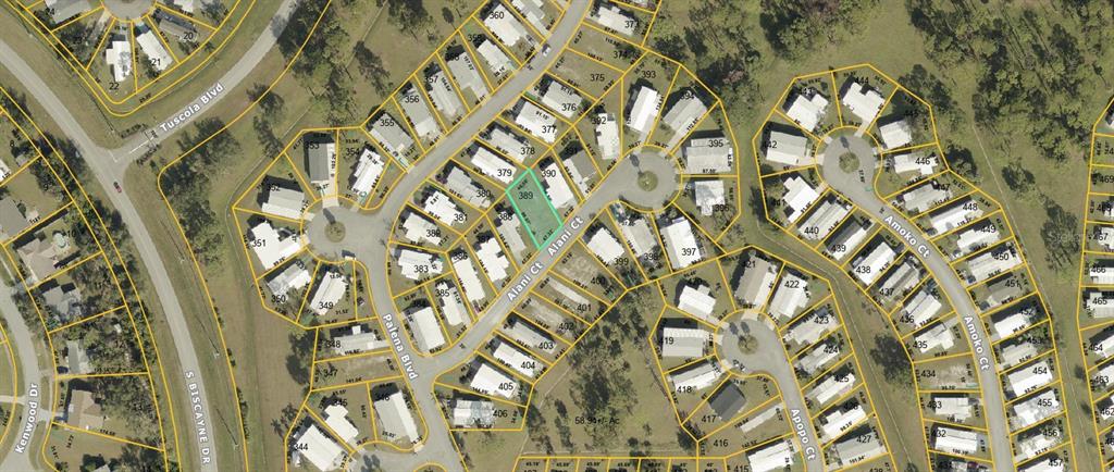 This is an aerial map showing residential lots and streets in a suburban neighborhood — 6849 ALANI COURT, NORTH PORT, FL