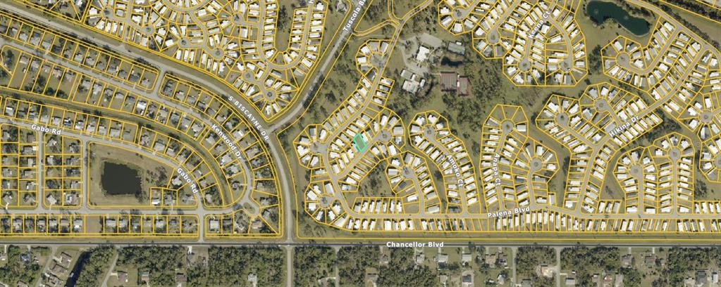 This is an aerial map view of a residential neighborhood with a highlighted property lot — 6849 ALANI COURT, NORTH PORT, FL