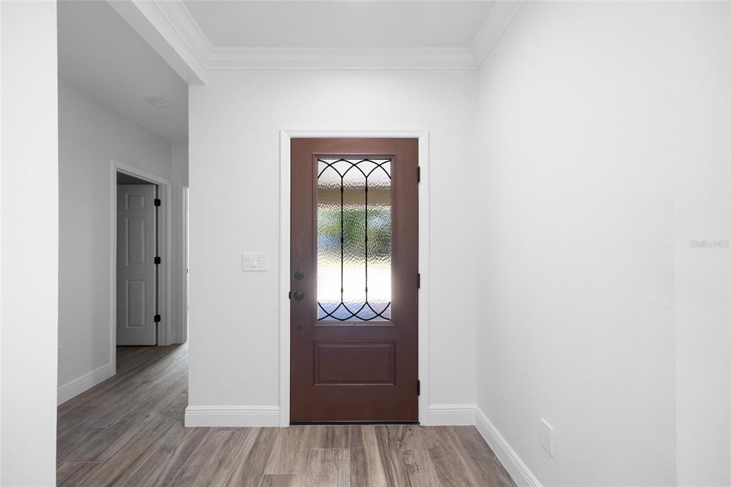 A brown front door with a glass insert stands in a white-walled entryway with wood-look flooring — 23 N EDWARDS STREET, PLANT CITY, FL