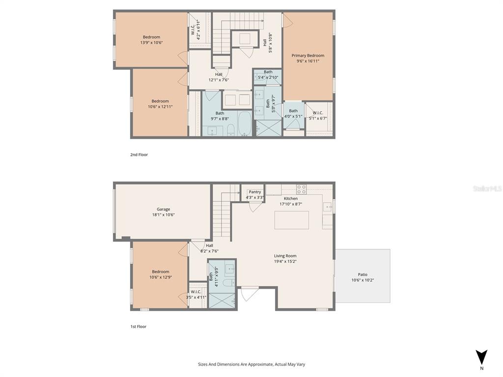 This is a two-story floor plan showing the layout of bedrooms, bathrooms, a kitchen, and a garage — 14506 STELLAR PLACE, LAKEWOOD RANCH, FL