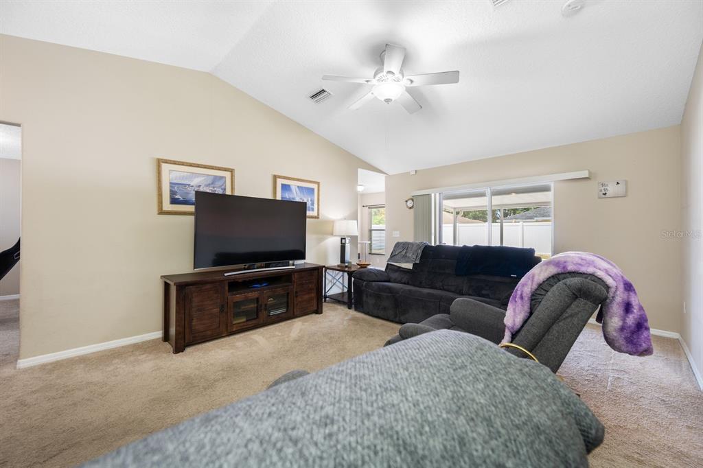 A living room features a vaulted ceiling, a ceiling fan, a television console, and furniture — 2802 93RD COURT E, PALMETTO, FL