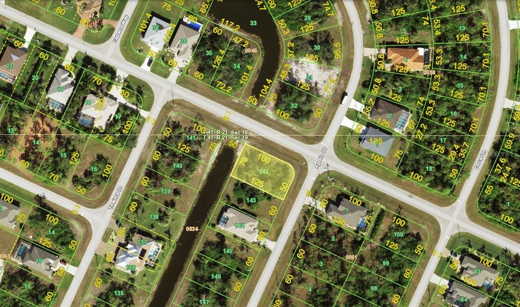 This is an aerial map showing residential lots, streets, and a canal — 155 APOLLO DRIVE, ROTONDA WEST, FL