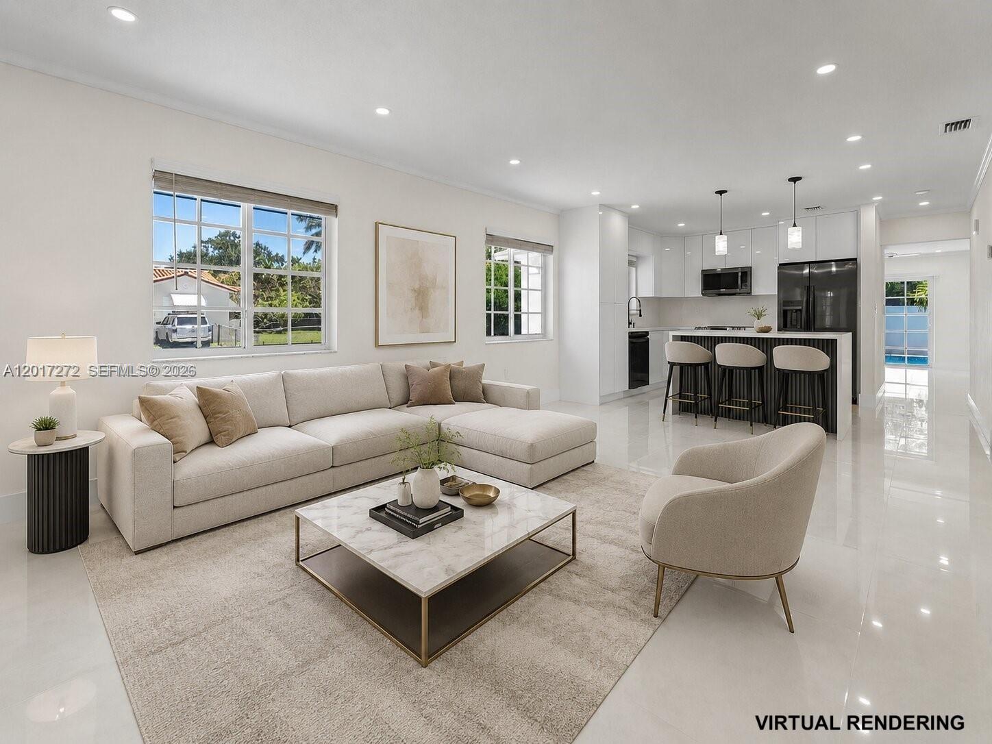 This virtual rendering shows a modern open-concept living room and kitchen with white tile floors — 1900 SW 24th St, Miami FL 33145, MIAMI, FL