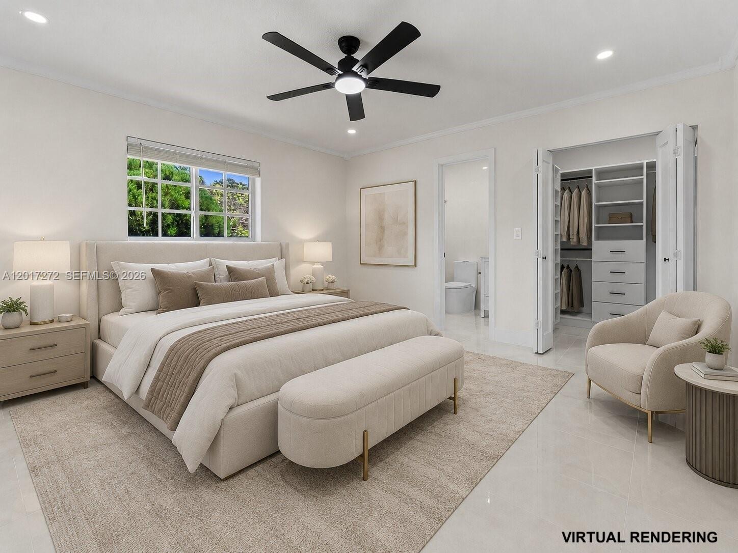 This virtual rendering shows a modern bedroom with a bed, closet, and seating area — 1900 SW 24th St, Miami FL 33145, MIAMI, FL