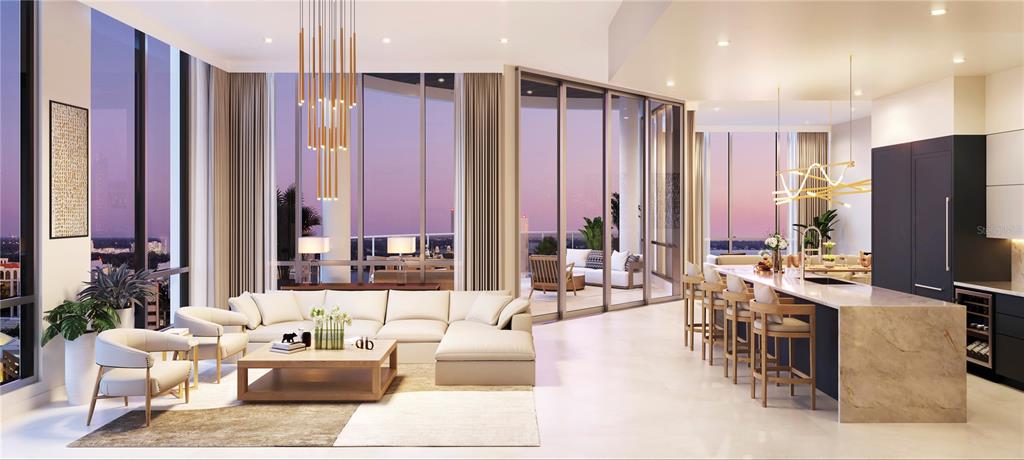 This rendering shows a modern open-concept living room and kitchen with floor-to-ceiling windows — 290 COCOANUT AVENUE UNIT 604, SARASOTA, FL