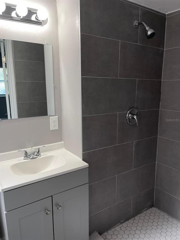 A bathroom features a gray vanity with a white sink and a tiled walk-in shower — 2302 CONTINENTAL BOULEVARD, ORLANDO, FL