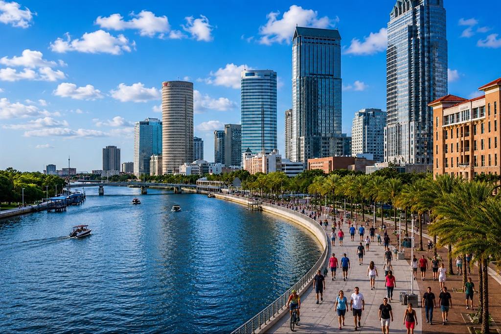 A view of the Tampa Riverwalk with people walking alongside the Hillsborough River and skyscrapers — 1212 E 25TH AVENUE, TAMPA, FL