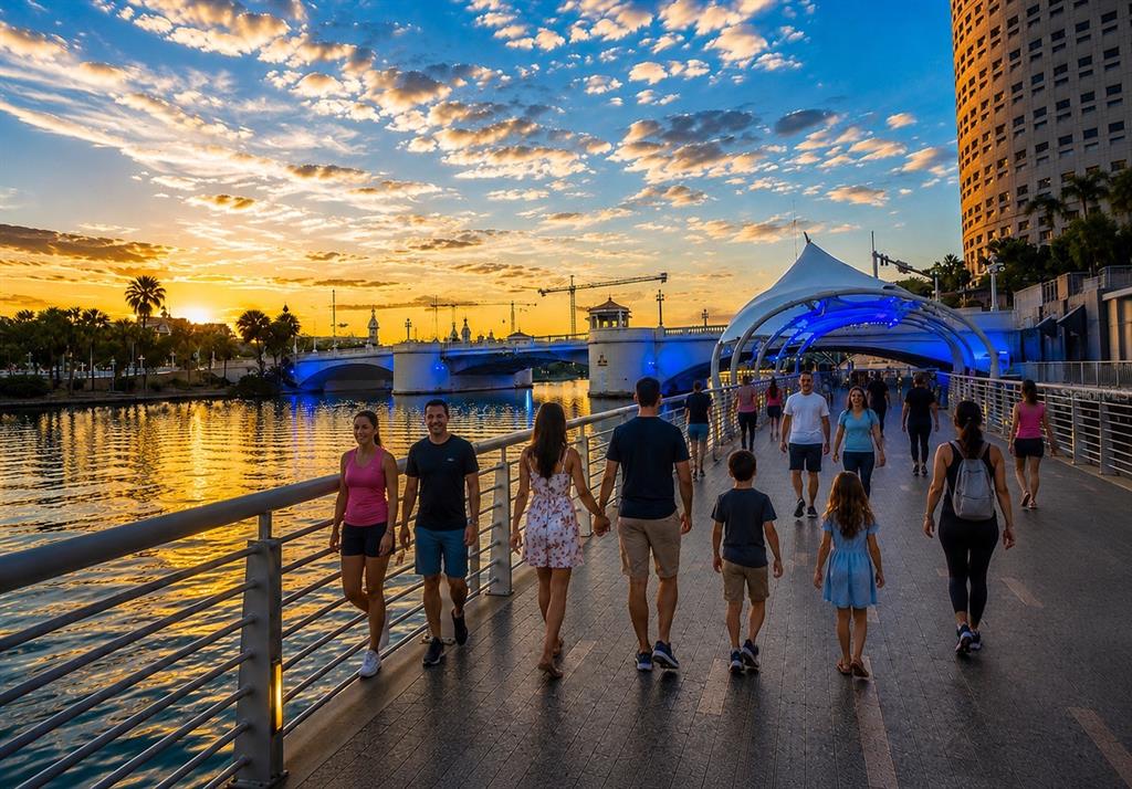 People walk along a waterfront promenade at sunset near a bridge and a tall building — 1212 E 25TH AVENUE, TAMPA, FL