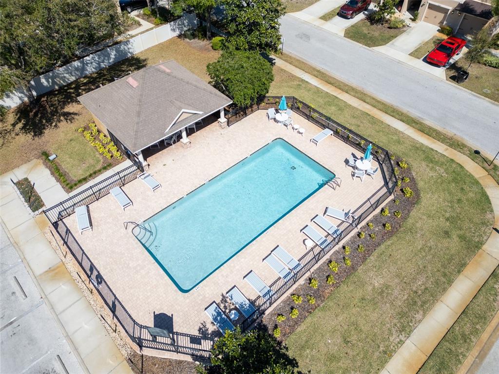 An aerial view shows a rectangular swimming pool with a covered patio and lounge chairs — 8512 REEDVILLE STREET, NEW PORT RICHEY, FL