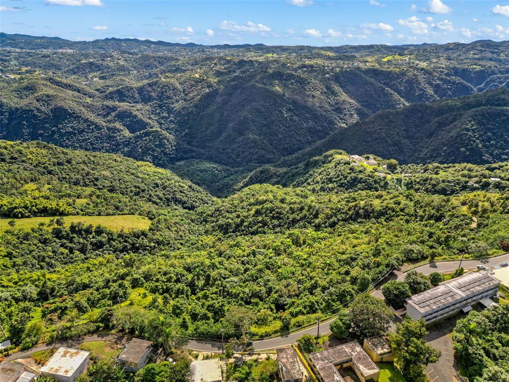 An aerial view shows a multi-story building nestled in a lush, mountainous tropical landscape — Carr 156 Km 20.1 INTERIOR BO HONDURAS, BARRANQUITAS, PR