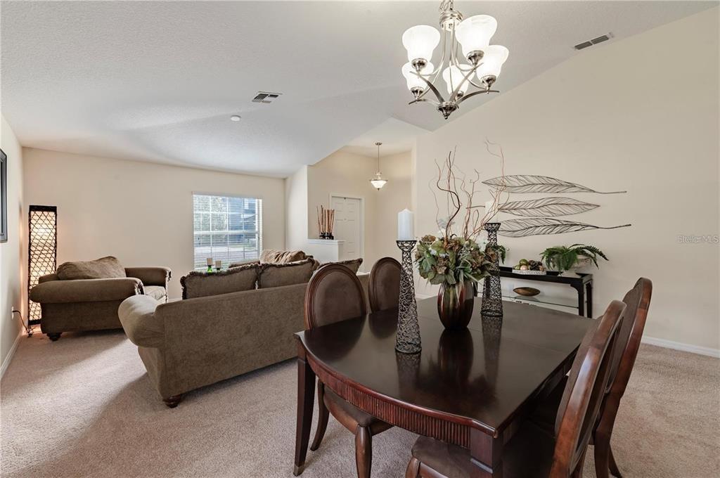 A dining area with a dark wood table sits in the foreground of a living room — 12116 ECHO BASIN COVE, RIVERVIEW, FL