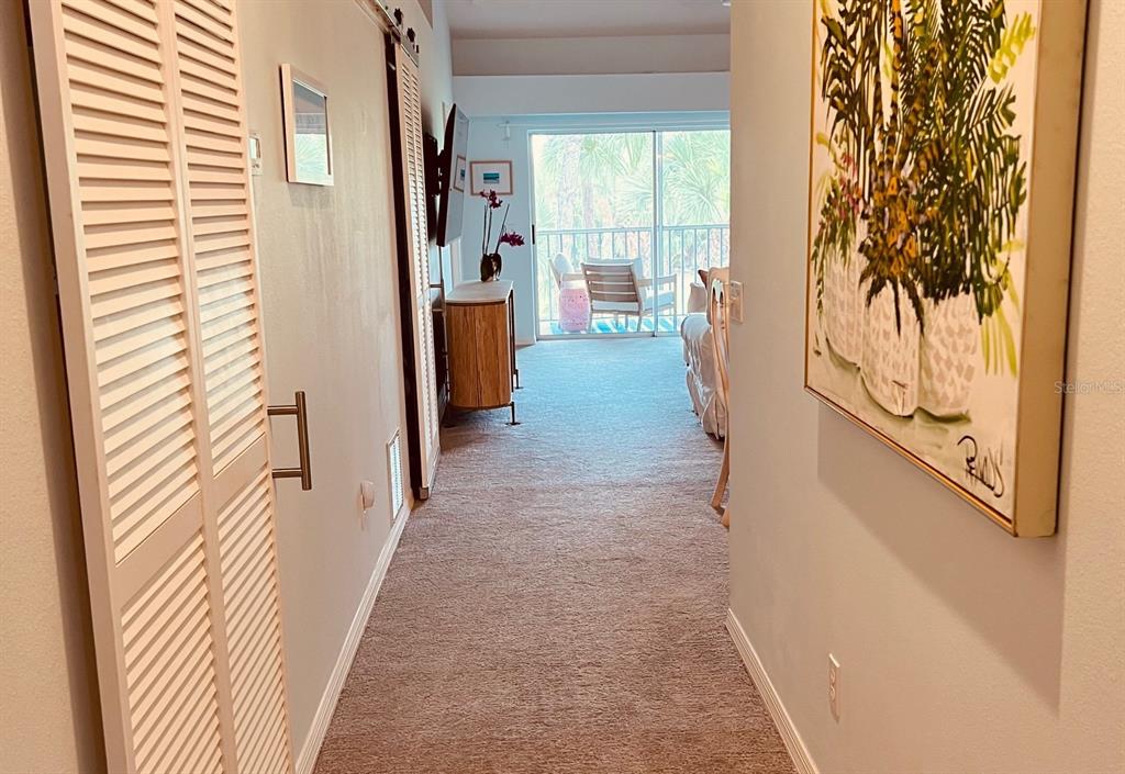 A hallway with carpeted flooring leads to a living area with a sliding glass door — 8941 VERANDA WAY UNIT 522, SARASOTA, FL