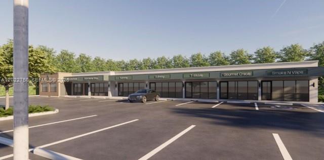 This is a digital rendering of a single-story commercial strip mall with a parking lot — 410 E Sample Rd, Pompano Beach FL 33064, POMPANO BEACH, FL
