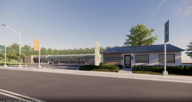 This is a digital rendering of a modern commercial strip mall with a parking lot — 410 E Sample Rd, Pompano Beach FL 33064, POMPANO BEACH, FL