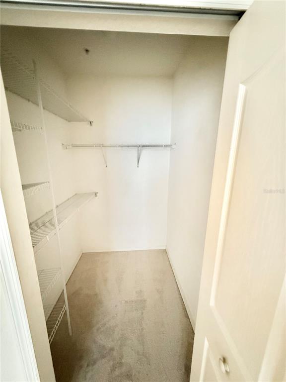 A walk-in closet features white wire shelving, beige carpeting, and white walls — 6137 METROWEST BOULEVARD UNIT 306, ORLANDO, FL