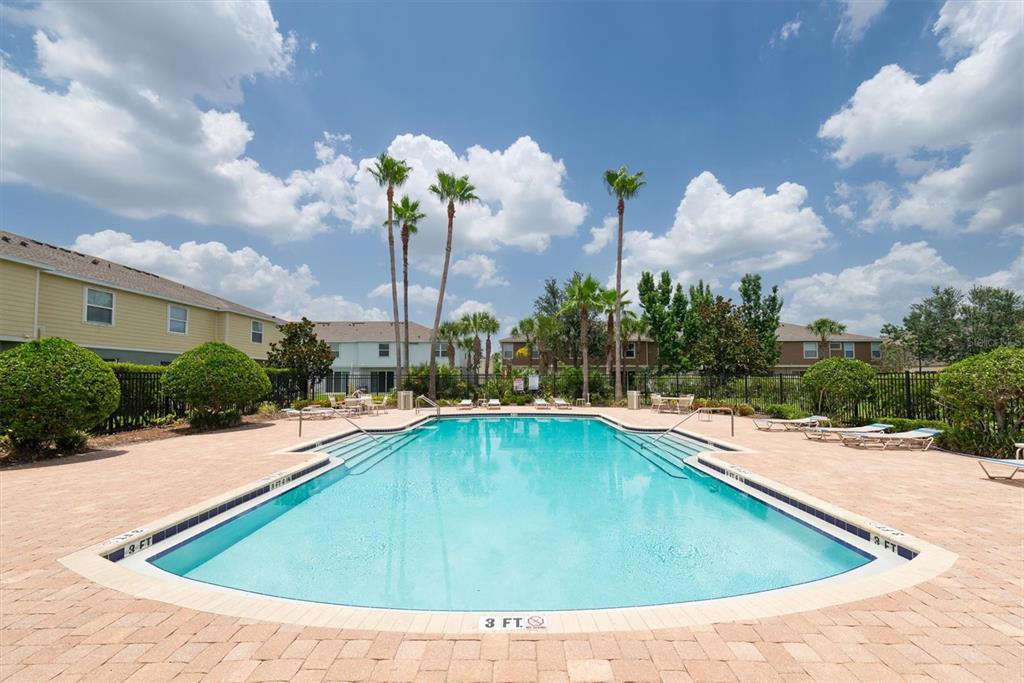A rectangular swimming pool is surrounded by a brick paver deck and palm trees — 4958 WHITE SANDERLING COURT, TAMPA, FL
