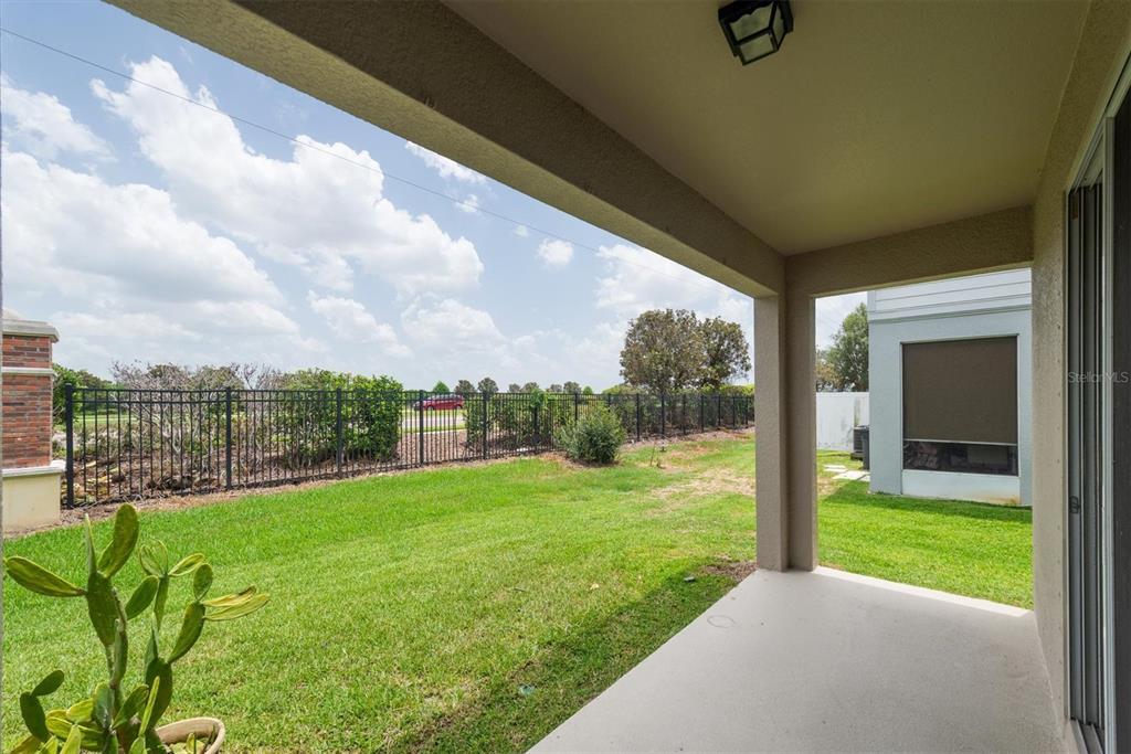 A covered concrete patio overlooks a grassy backyard enclosed by a black metal fence — 4958 WHITE SANDERLING COURT, TAMPA, FL