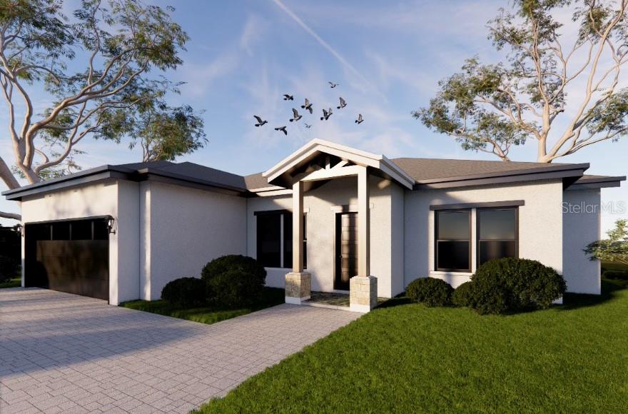 This is a digital rendering of a modern single-story house with a two-car garage — 17364 COX AVENUE, PORT CHARLOTTE, FL